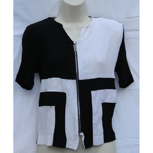Ilyza New York Top/Blouse Women's Size M Black & White Full Zip Front Tie Back - Picture 1 of 11